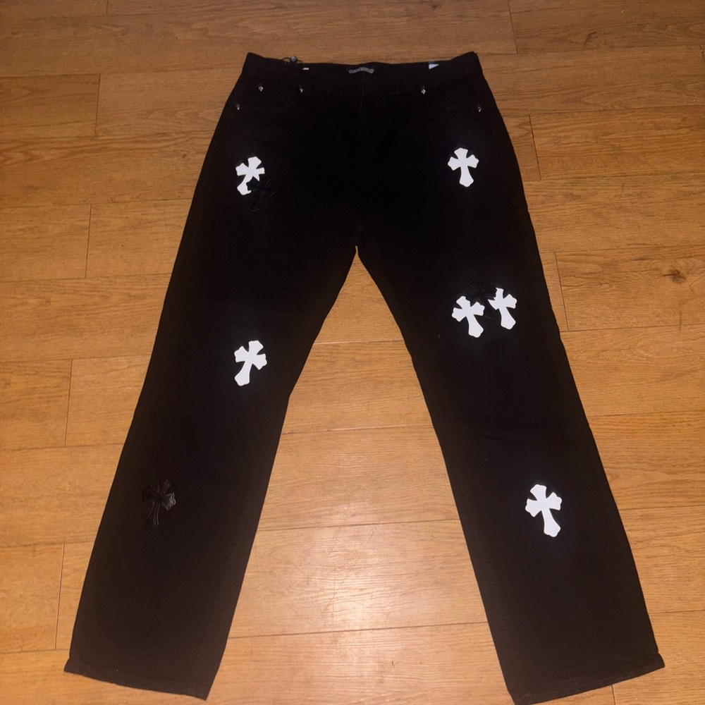Chrome Charcoal Pants with White and Black Cross Accents